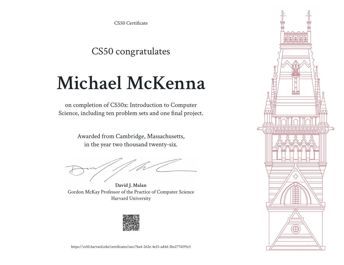 CS50 certificate awarded to Michael McKenna for completing CS50x in 2026.