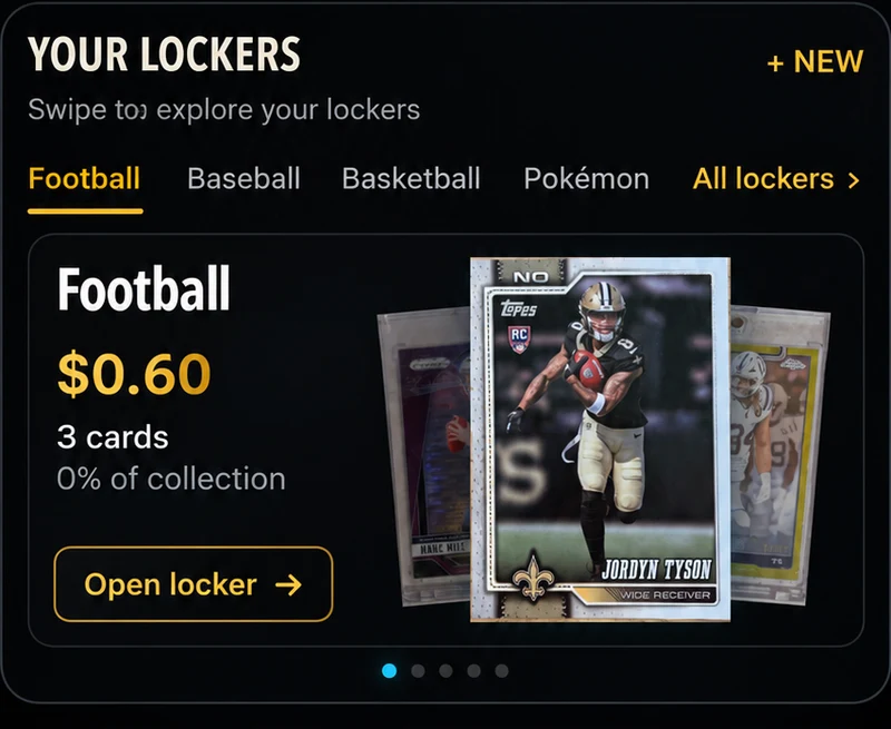 GrailLocker category tabs and a football locker with trading cards.